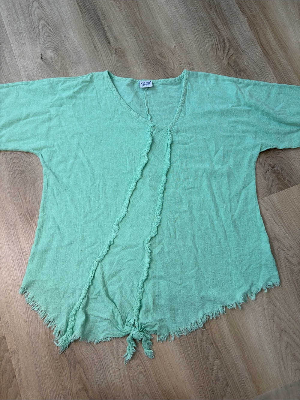 Oh My Gauze Mint Green Asymmetrical Tie Front Fringe Top Cotton Boho Festival